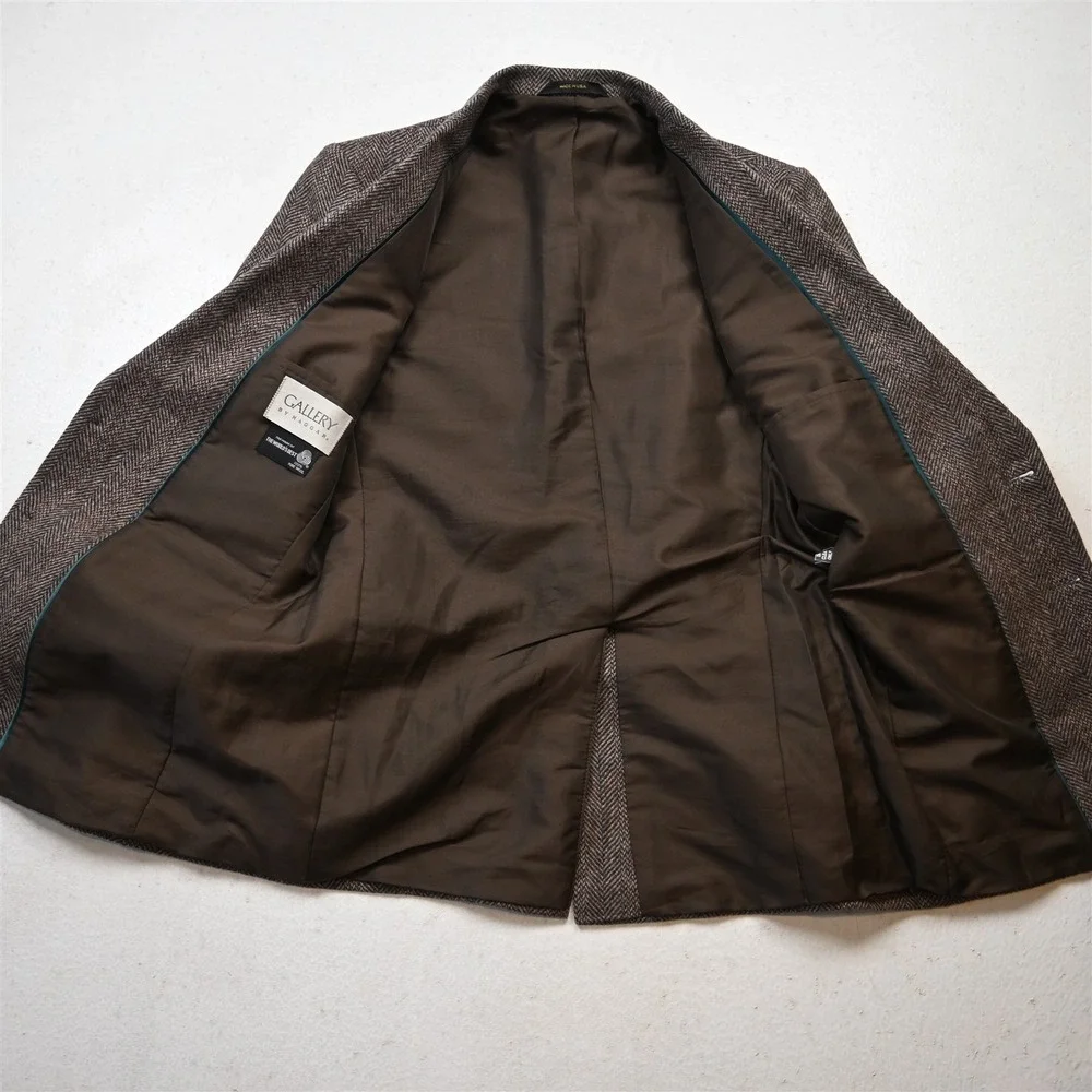 Vtg USA Made 38R Brown Herringbone Wool Tweed Mens Blazer Suit Jacket Sport Coat